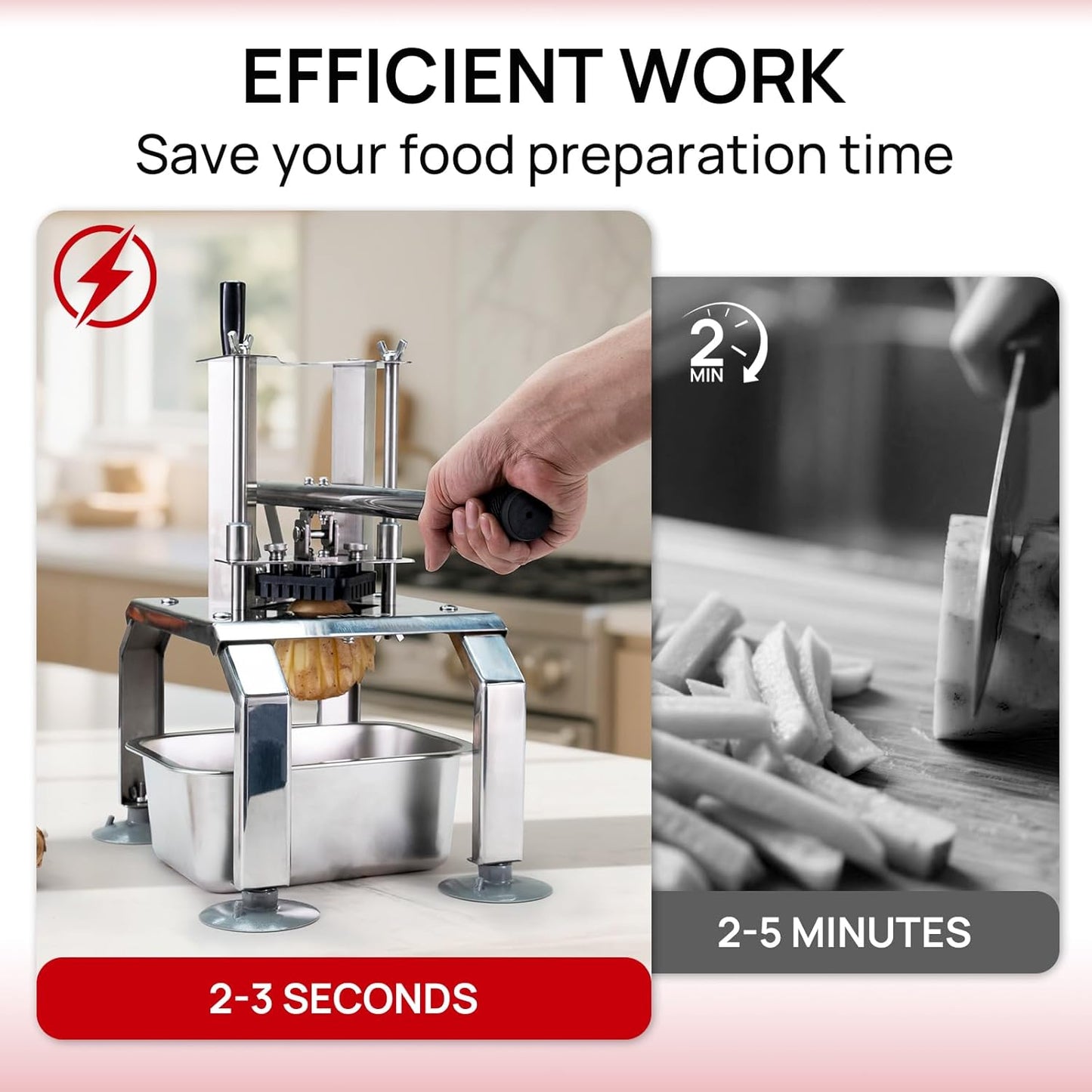 Commercial French Fry Cutter and Vegetable Fruit Dicer with 4 Stainless Steel Blades, Includes 3/8", 1/2", 1/4", and 8-Wedge Blades, Heavy Duty Potato Slicer for Home and Restaurant Use