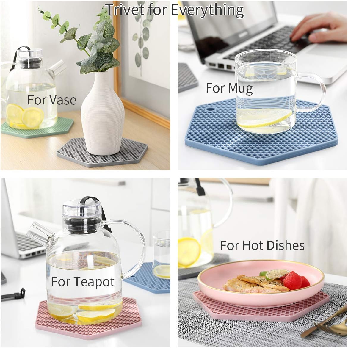 4 Packed Silicone Trivet Mats - DIY Different Size Dish Drying Mat, Hot Pot Holder for Pots & Pans, Non-Slip & Heat Resistant Kitchen Hot Pads for Countertops & Table, Turquoise