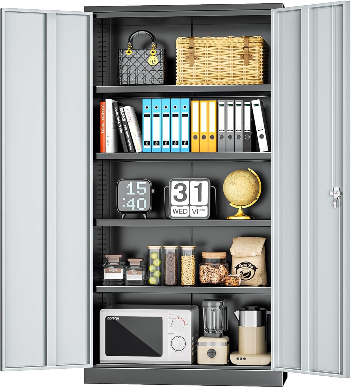 INTERGREAT Metal Storage Cabinets 72” Black Grey Garage Steel Storage Cabinet with Doors and Shelves, Steel File Cabinet for Home Office, Basement, Warehouse, Classroom（Anti Tipping）