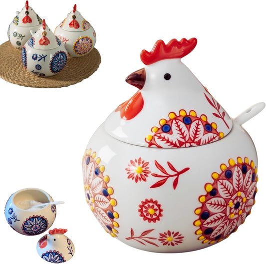 13.5 Oz Salt Cellar With Lid and Spoon (Red)- Ceramic Chicken Spice Jars for Salt, Sugar, Pepper - Spice Containers for Countertop