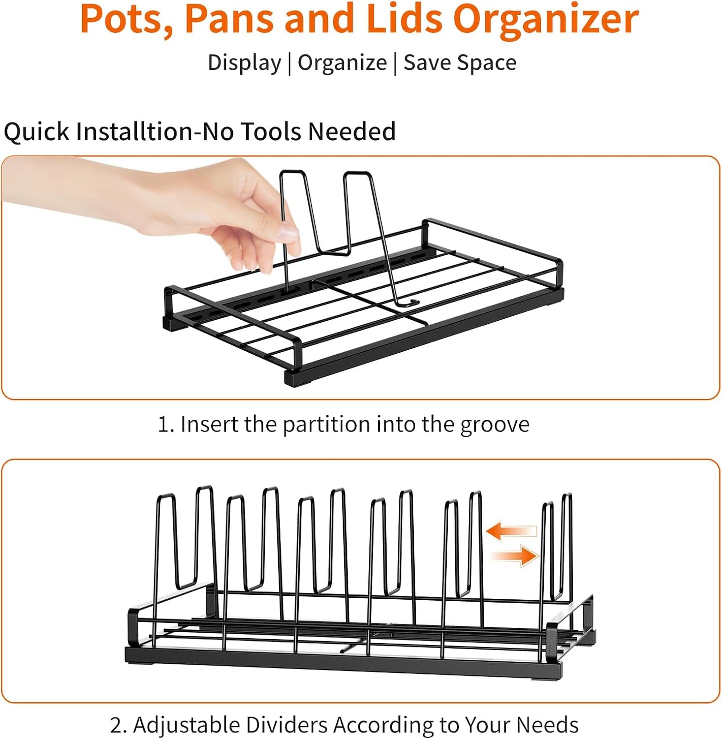 Food Container Lid Organizer for Cabinet, 6 Adjustable Dividers Metal Pot Lid Organizer, Pots and Pans Organizer Under Cabinet Storage Plastic Lids Pots Cookie Sheets for Cabinets, Cupboards, Drawers
