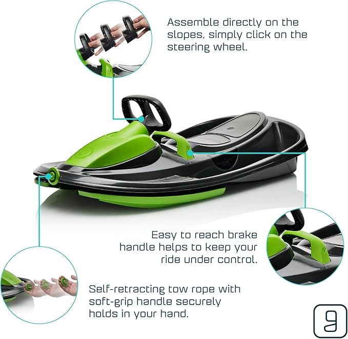 Snow Sled for Kids, Adults - Toboggan Sled, Easy Turning Steering Wheel, Anti-Slip Seat, Pull Up Brake, Durable Plastic Sled, Lightweight, Snow Sleds, Age 3+ 260 lbs