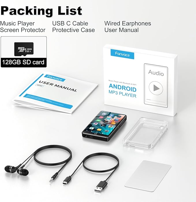 144GB MP3 Player with Bluetooth and WiFi, Android 13 OS MP3 & MP4 Players with 4" Touchscreen and Speaker, Spotify Music Players with Pandora, Audible, Amazon Music, Play Store