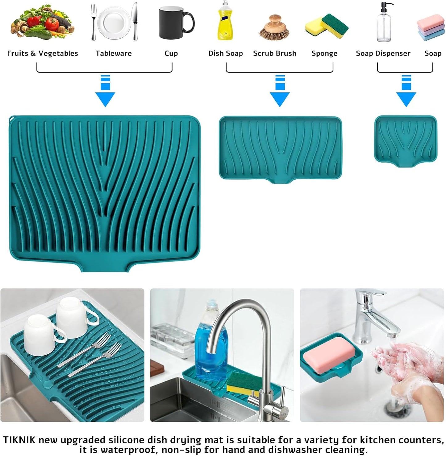 Silicone Dish Drying Mat for Kitchen Counter, Dish Drying Pad, Non-Slip Drain Pad with Built-in Drain, Heat Resistant Stone Drying Mat, 3 pcs (Green)