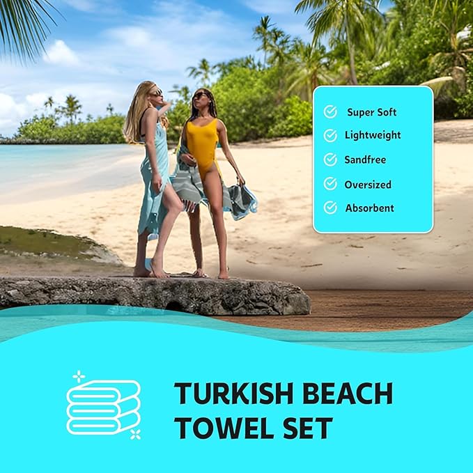 HAVLULAND Turkish Beach Towels Oversized -100% Turkish Cotton Super Soft Lightweight - Absorbent and Quick Drying Bath Towel - Sand Free Beach Towel - Turkish Towels for Adults (Aquamarine, 12 Pack)