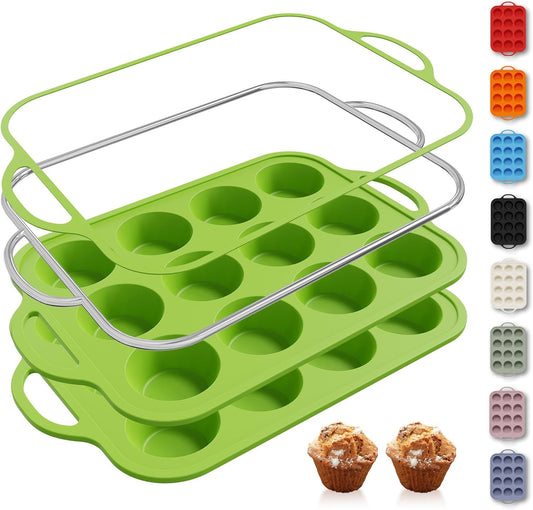 2 Packs 12 Cups Silicone Muffin Pan with Metal Reinforced Frame Regular Size Cupcake Pan Tray Egg Bites Silicone Circle Cookie Molds Muffin Tin Tart Pans Baking Sheet Set for Breakfast Sandwiches