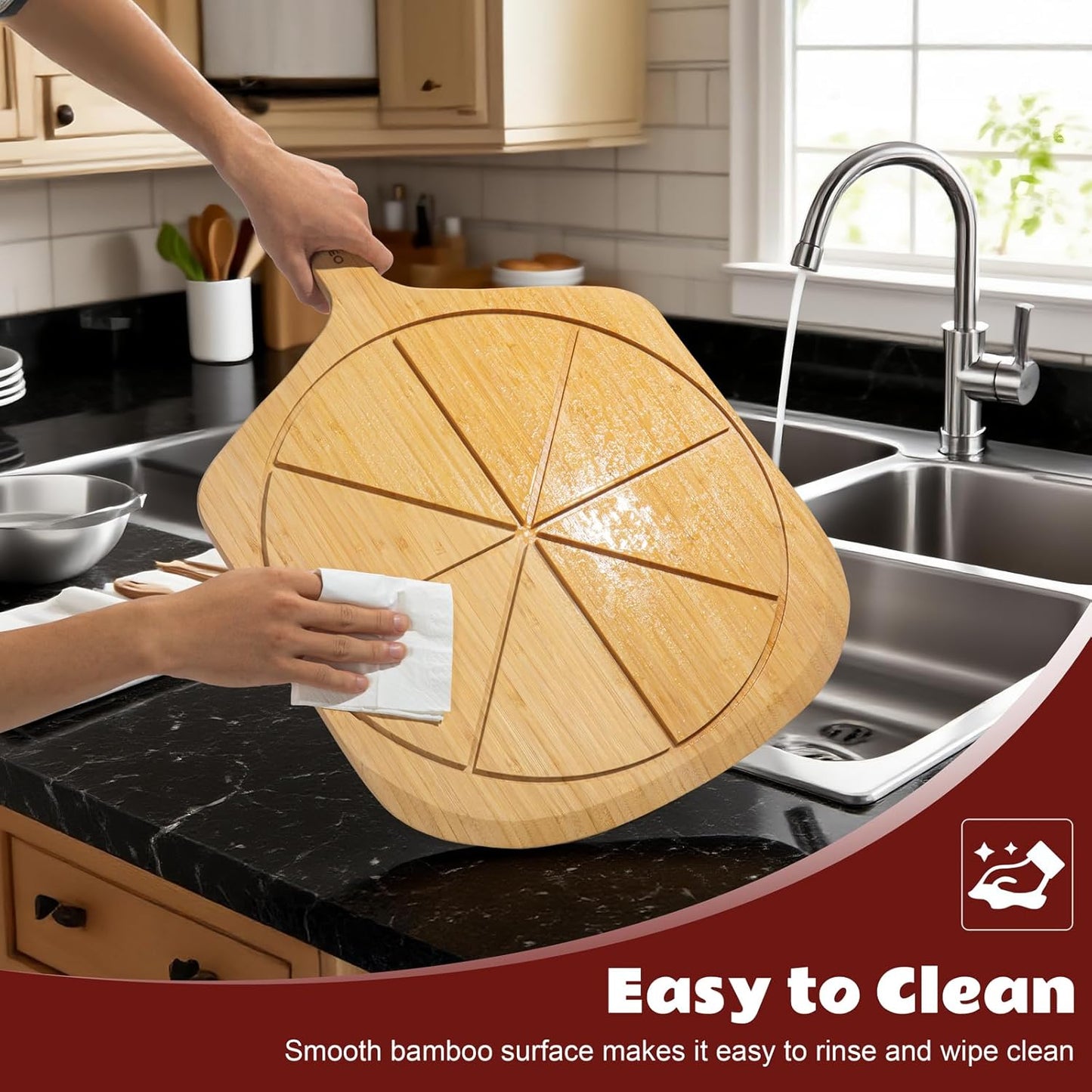 Wooden Pizza Peel 16 Inch, Large Bamboo Pizza Paddle Spatula - Serving Board, Wood Pizza Cutting Boards with 8 Slice Grooves and Handle for Kitchen Oven Pastry Pizzas