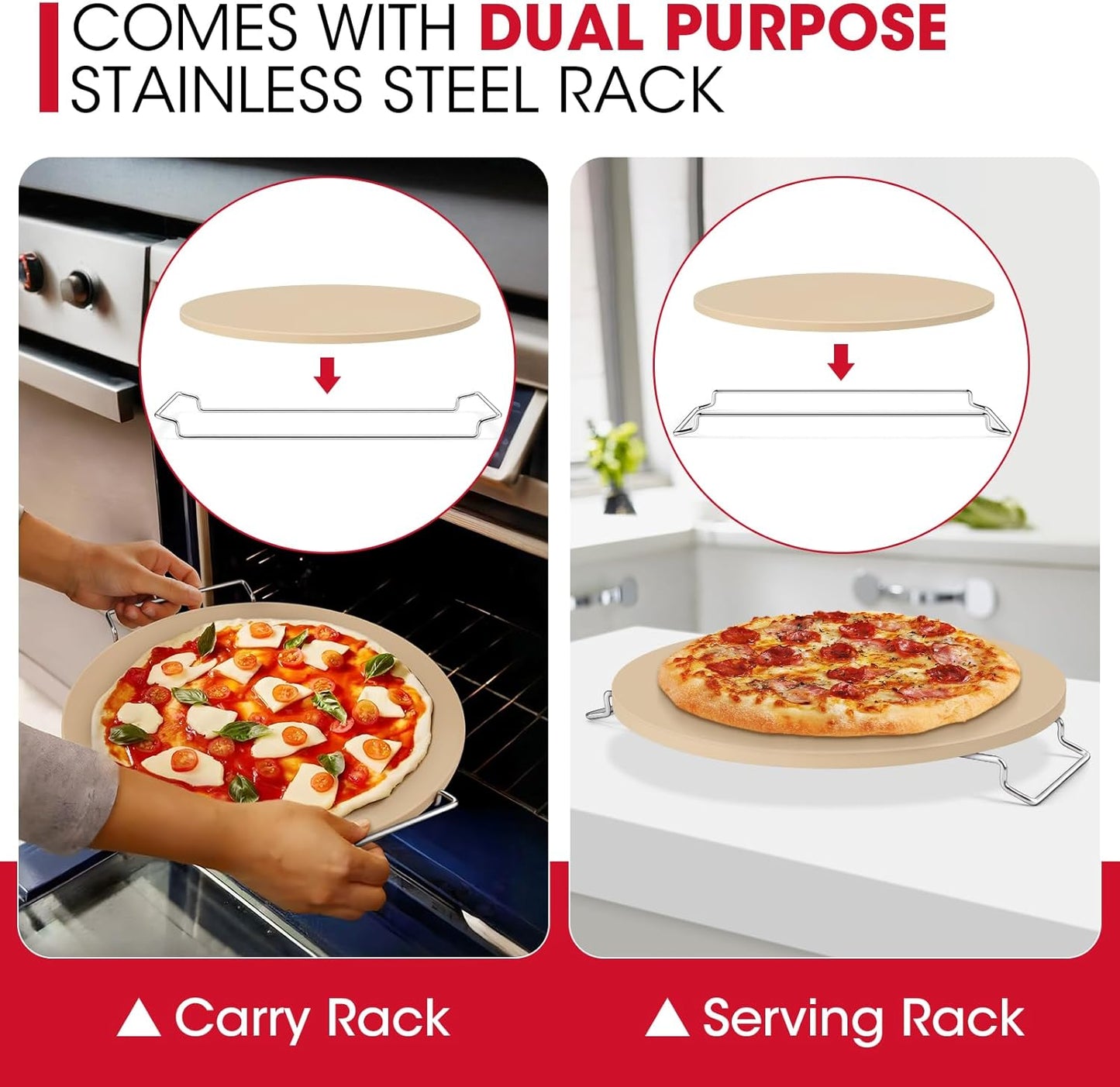 Unicook Round Pizza Stone for Oven and Grill 16 Inch, Oven Baking Stone for Bread, Cordierite Pizza Pan for Baking Crispy Bread and Cookies, Includes Carry Rack and Dough Scraper