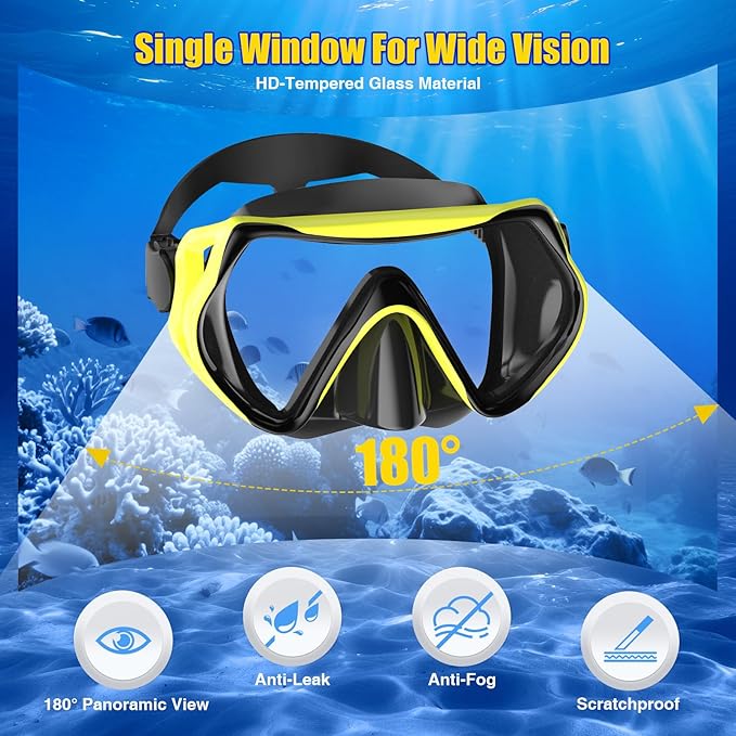 Snorkeling Gear, Dry Snorkel Set180° Panoramic Wide View,Anti-Fog Scuba Diving Mask, Professional Snorkeling Gear for Free Breathing, Swimming, Diving