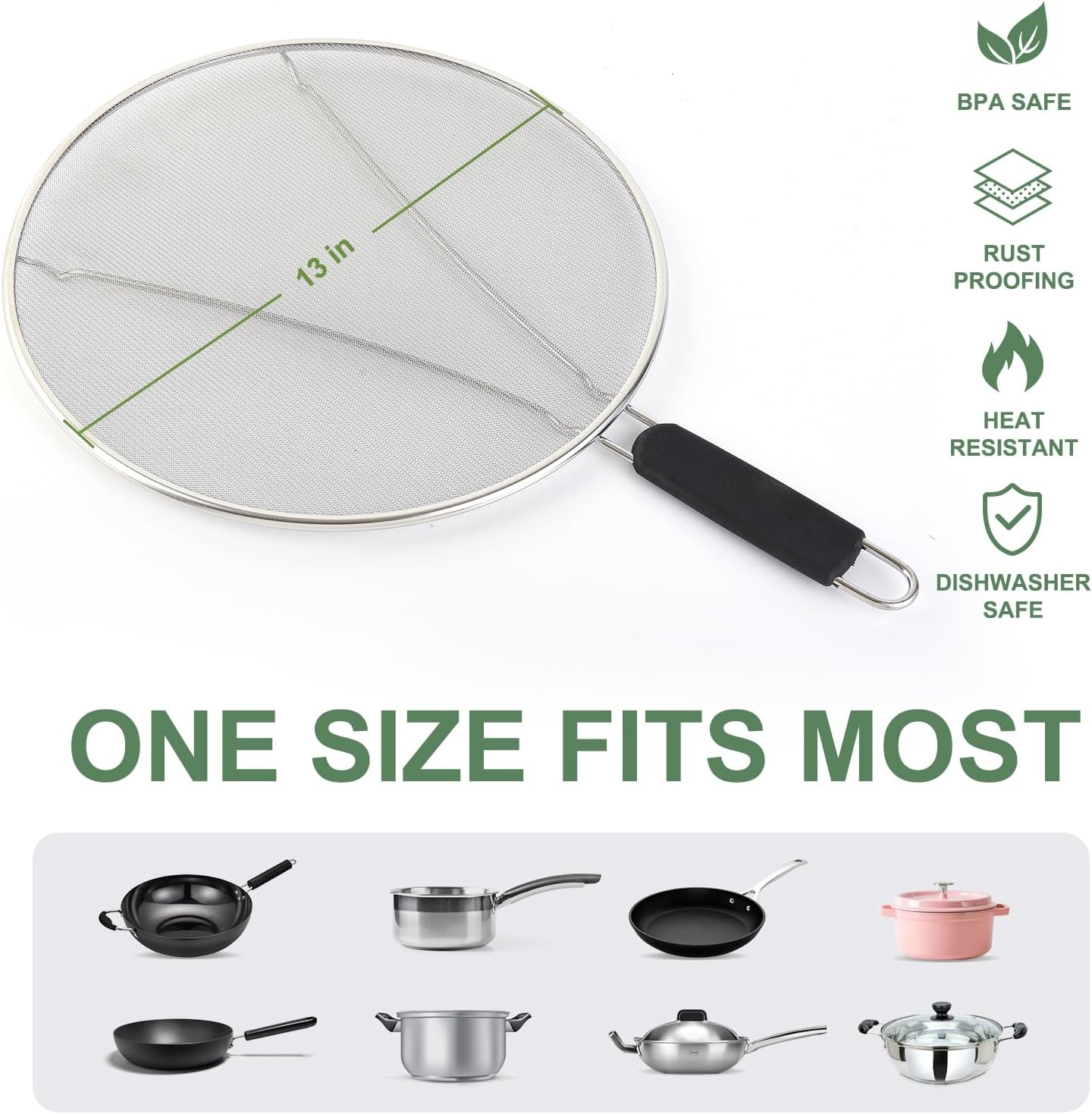 13'', 11.5'', 9.8'' Stainless Steel Grease Splatter Guard for Frying Pan with Comfortable Grip Handle, Ultra Fine Mesh Prevents Oil Splatters and Messes, Heavy Duty Splatter Screen