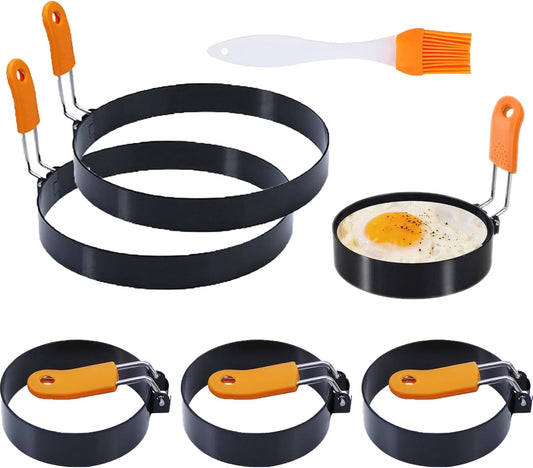 3.5" Egg Rings 6“ Pancake Mold with Silicone Handle, Round Mold for English Muffins - Griddle Cooking Shaper for Indoor Camping Breakfast Sandwiches w/Silicone Oil Brush set of 6 (4pcs 3.5"+2pcs 6")