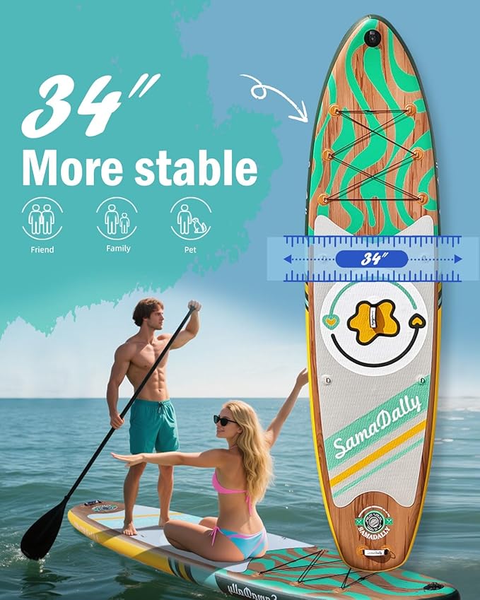 11'Stand Up Paddle Boards Surf Control with Premium SUP Board Accessories Backpack & Removable Fins, 34" Wide Inflatable Paddle Boards of All Skill Levels