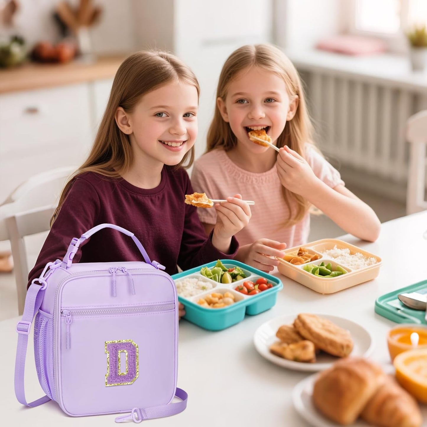 Initial Insulated Lunch Bag for Girls Kids, Back to School Gift, Reusable Leak-proof Lunch Box with Adjustable Strap for School Daycare Travel Picnic (Purple,D)