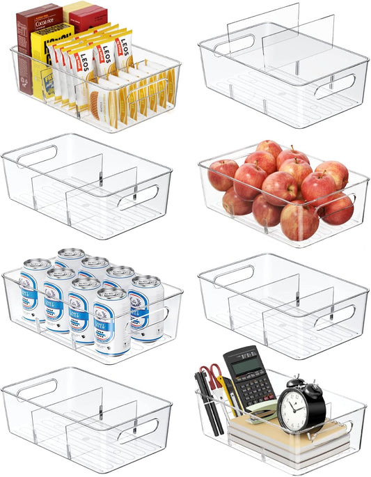 Pantry Organizers and Storage , 8 Pack Snack Organizer for Pantry Shelf,Food Storage Bins with Divider,Clear Containers for Organizing,Transparent Plastic Basket,Refrigerator and Fridge Bins