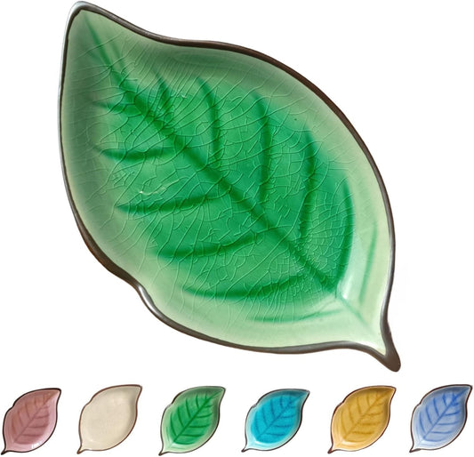 Ceramic Spoon Rest for Stove Top, Ice Cracks Leaf Cute Spoon Rest for Kitchen Counter, Cooking Spoon Holder for Kitchen Counter, Utensil Rest Spatula Rest Ladle Holder Tong Rest, 1 PC (A, Emerald)