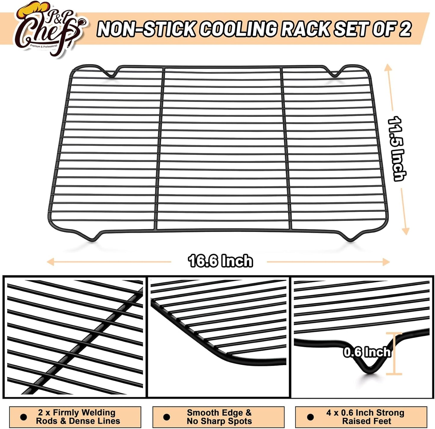 P&P CHEF Cooling Baking Rack Pack of 2, Stainless Steel Cooling Racks for Cooking Baking Roasting Grilling Drying, Dense Wires & Smooth Edge, Easy to clean, Black, 16.6" x 11.5"