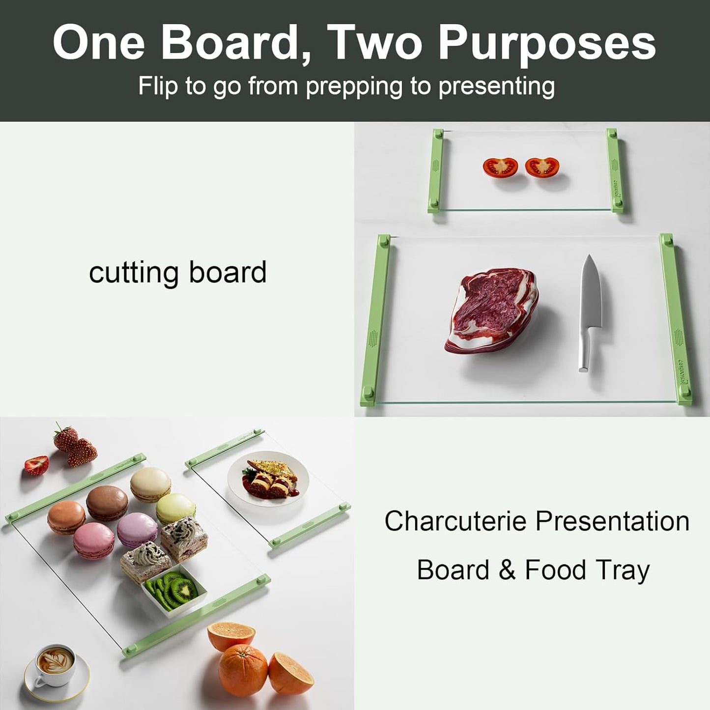 Glass Cutting Board with Silicone Grip, 80% Stronger Shatter Resistance and Slip Resistance,No Scratches/Microplastic-Free,Dishwasher Safe, Non Toxic Cutting Board for Kitchen (Green-2PCS)