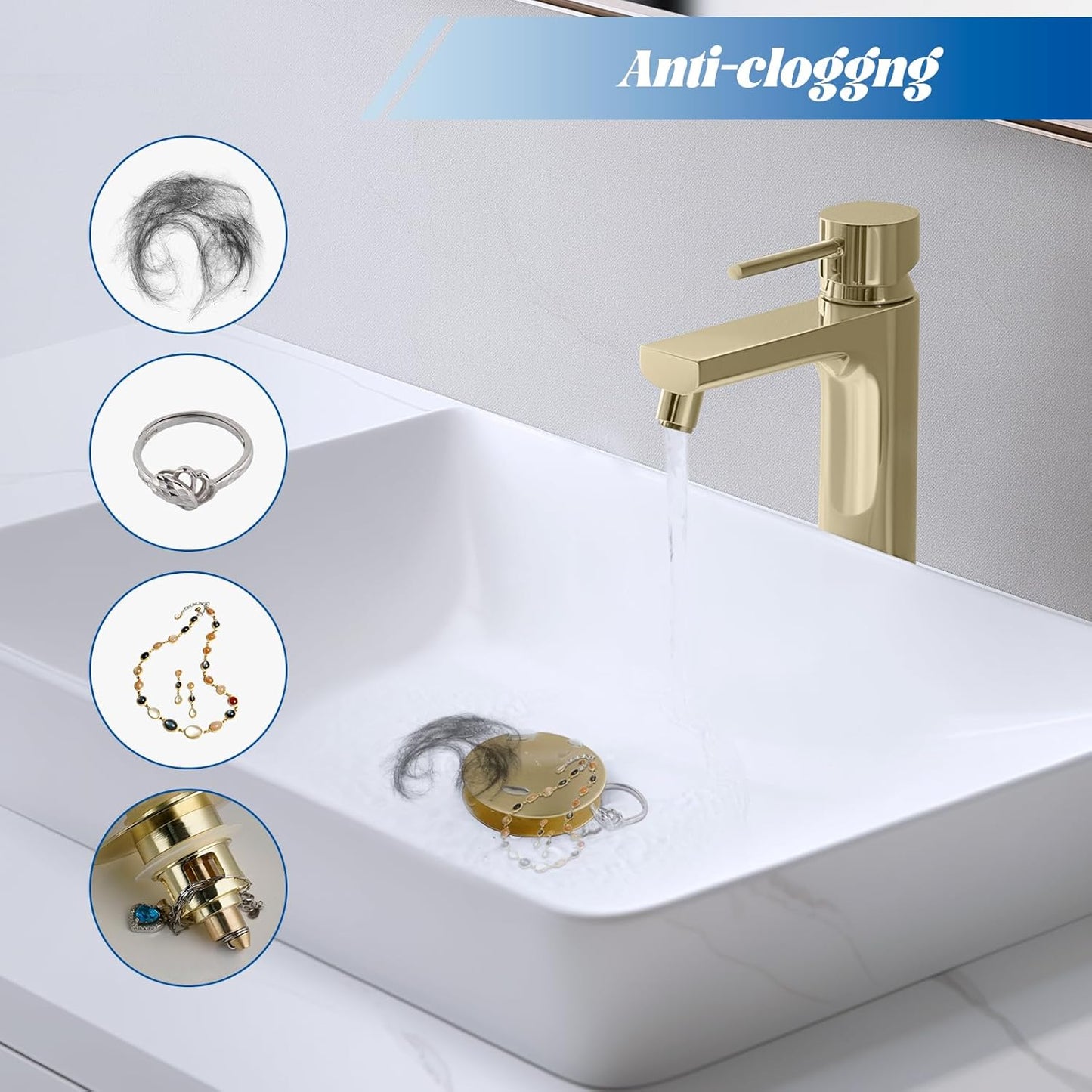 Hibbent All Metal 2 in 1 Bathroom Sink Stopper, Universal Pop Up Drain Strainer, Brass Bullet Core Push Type Sink Stopper for 1.1''~2.3'' Basin, Big Push Button, Anti Clogging Filter, Brushed Gold