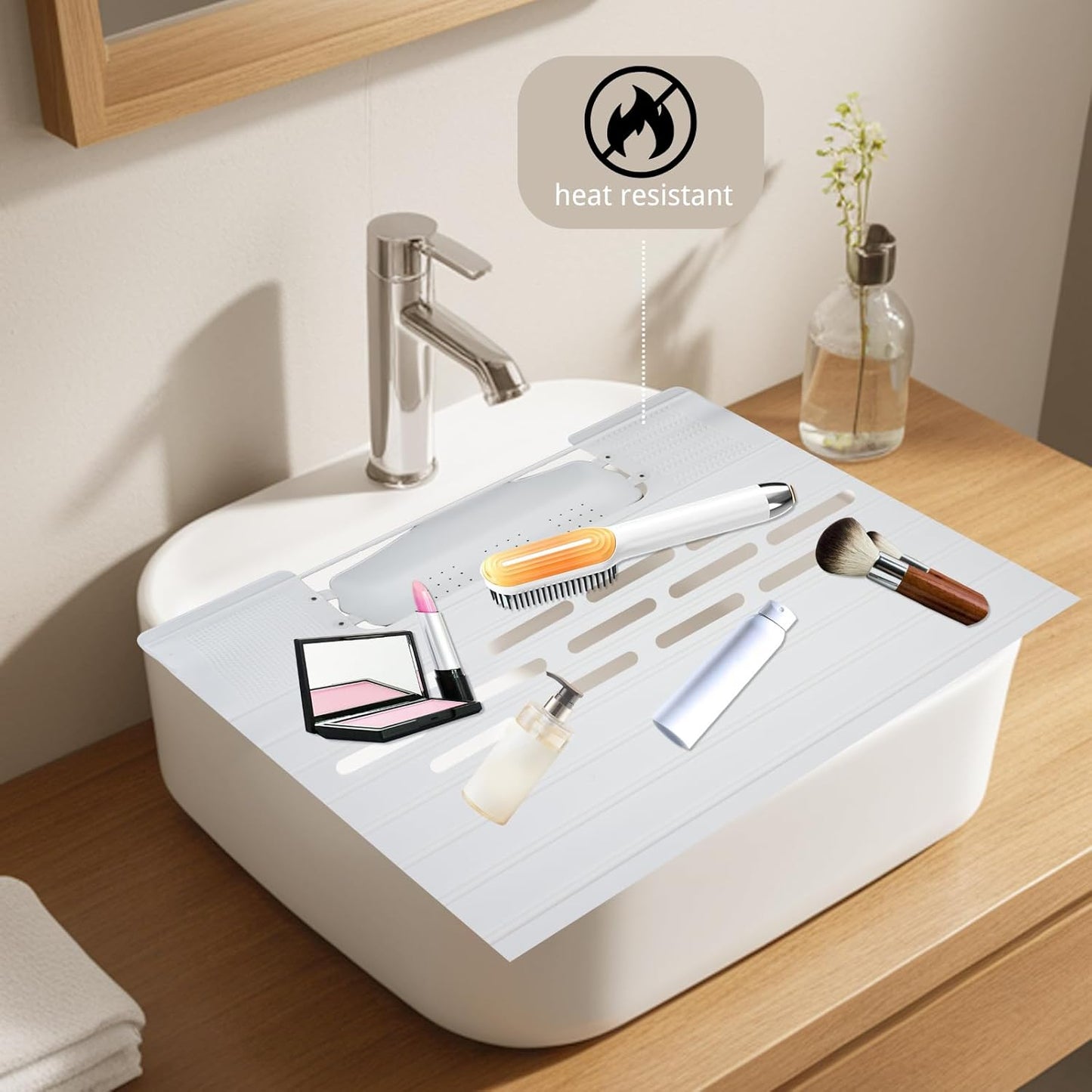 White Foldable Sink Cover, Silicone Makeup Mat for Sink with Draining Rack – Multipurpose Bathroom Sink Cover for Travel, Storage, and Countertop Protection