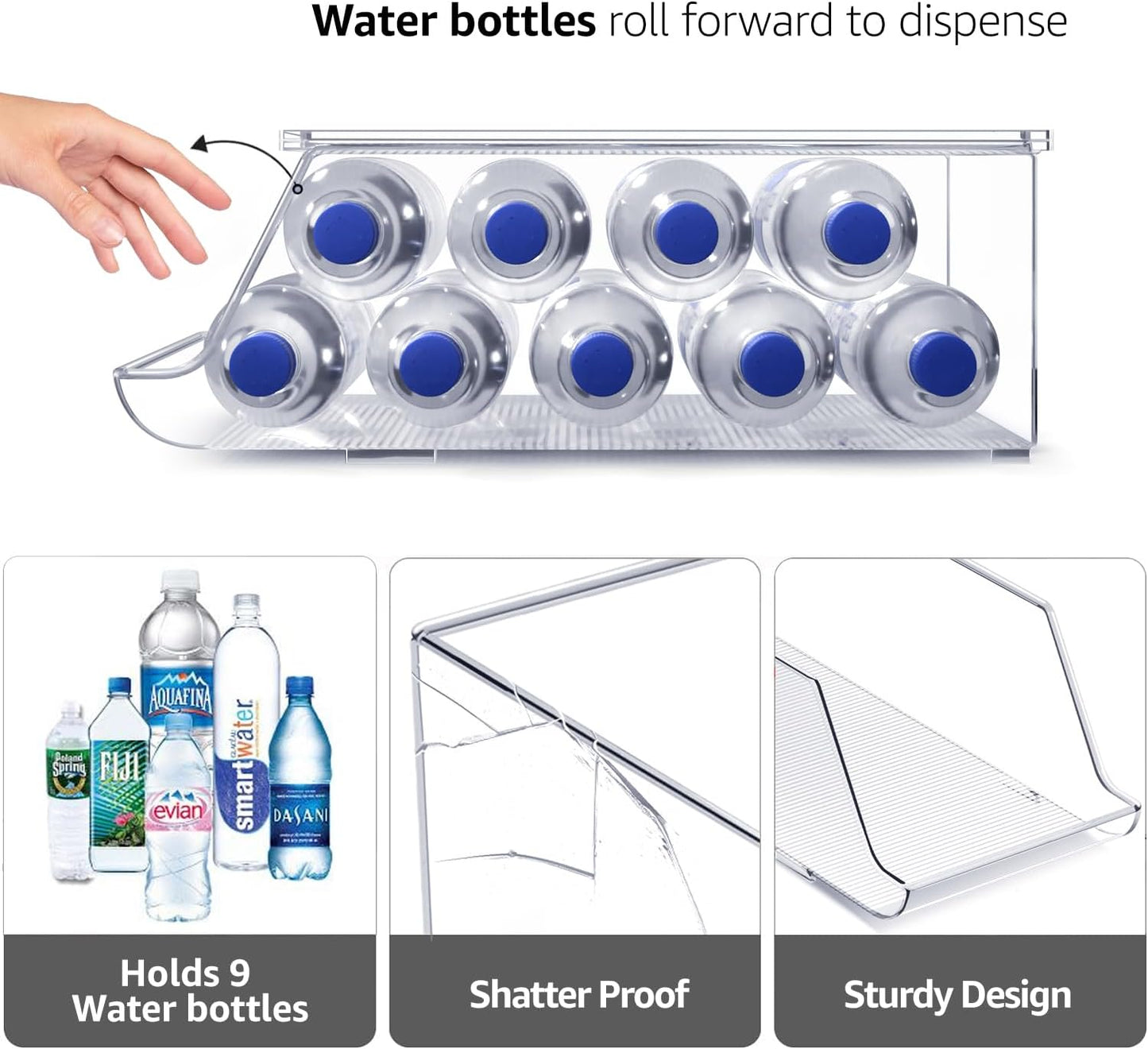 Sorbus Water Bottle Organizer for Fridge – Holds 9 Bottles – Clear BPA-Free Stackable Storage Bin with Lid – Water Bottle Dispenser for Refrigerator, Pantry, Cabinet, Kitchen, Drink Organizer