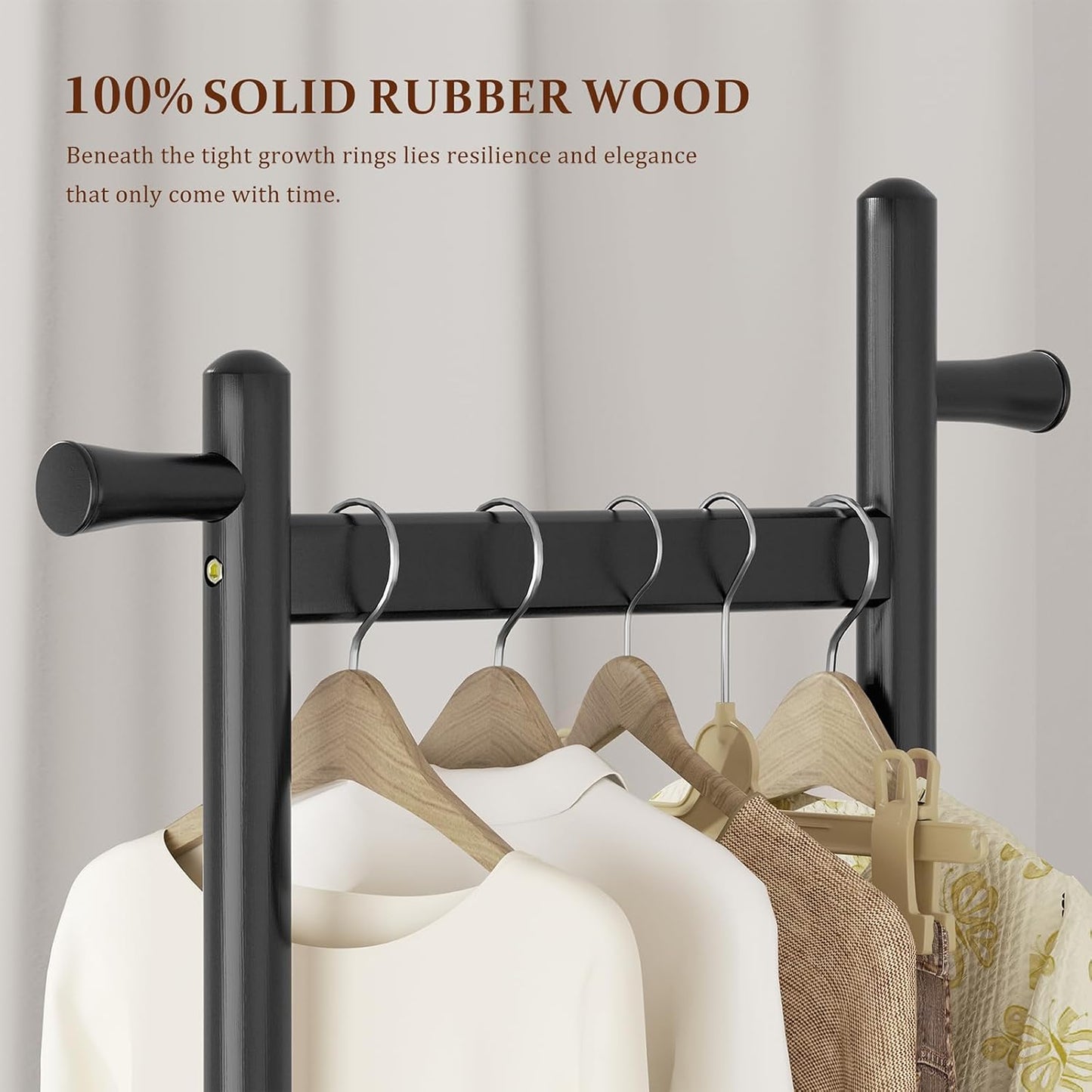 Solid Wood Coat Rack Freestanding Clothing Rack with Wheels & 2 Shelves Storage & 5 Hooks Heavy Duty Clothes Rack Wood Coat Tree Stand Hat Hanger Rack for Corner Bedroom Entryway Living Room Hotel