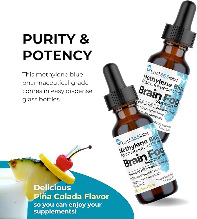 Methylene Blue Pharmaceutical Grade, USP Grade, Third-Party Tested with Vitamin C - Memory Booster - Improves Cognitive Function and Focus - Clear Thoughts and Reduced Fog - Liquid Supplement
