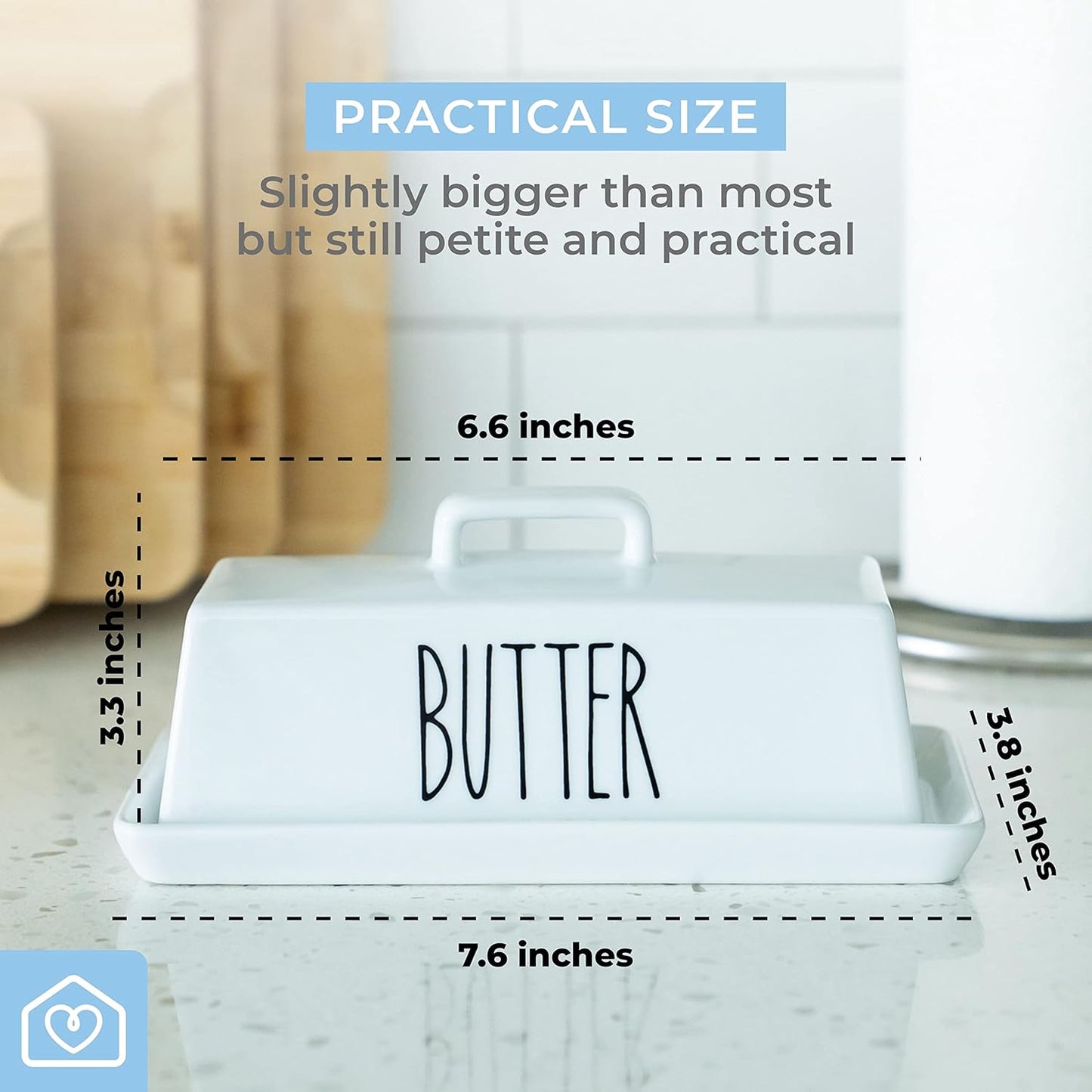 Heartland Home Porcelain Covered Butter Dish with Lid for Countertop (Lid with Handle). 7.6" x 3.8" Butter Holder Container for One Stick of Butter. Textured Tray Butter Keeper for Non Slip Storage