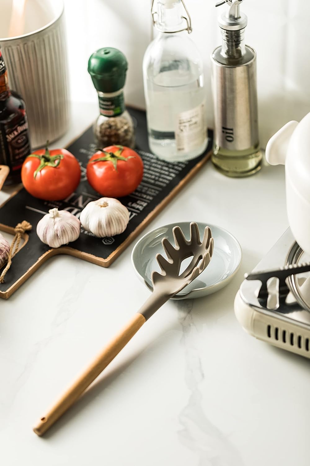 Ceramic Spoon Rest for Kitchen Counter, Kitchen Spoon Holder for Stove Top, Cooking Utensil Rest with Drip Tray for Ladles Tongs Spatula, Dishwasher Safe, Light Gray