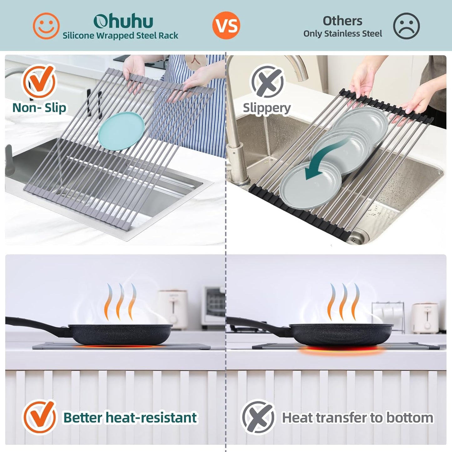 Ohuhu Sink Drying Rack, 20.5" W x 16.1" L Over The Sink Roll-Up Dish Drainer - Rolling Foldable Accessories Heat-Resistant Mat Anti-Slip Silicone Coated Multipurpose for Kitchen Counter