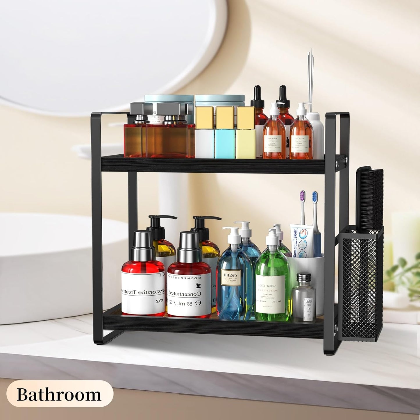 Bathroom Counter Organizer, Wood Vanity Trays with Basket, Skincare Countertop Organizers, Large Capacity Makeup and Perfume Organizer