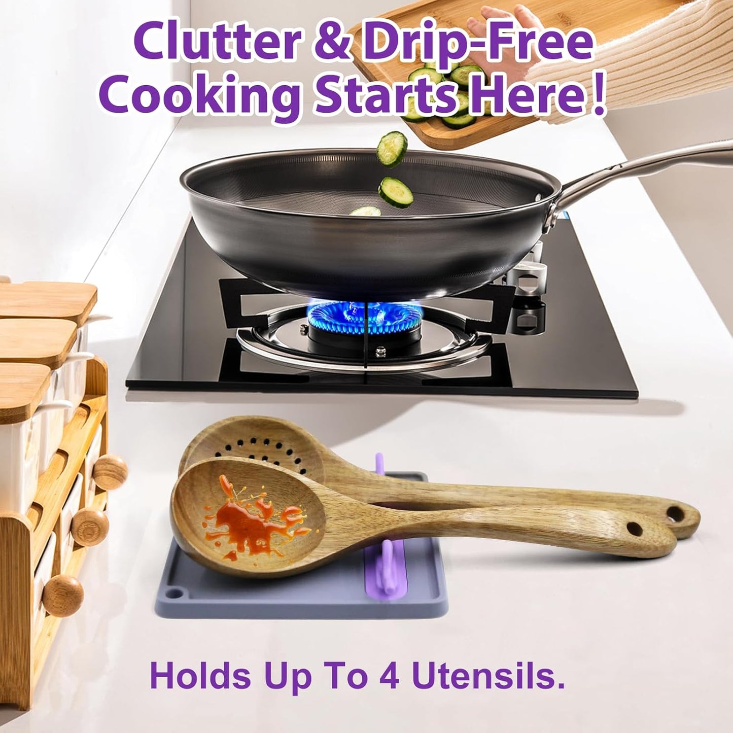 Silicone Spoon Rest for Stove, Heat-Resistant & BPA-Free, Non-Slip Kitchen Utensil Holder for Counter, Gray + Purple