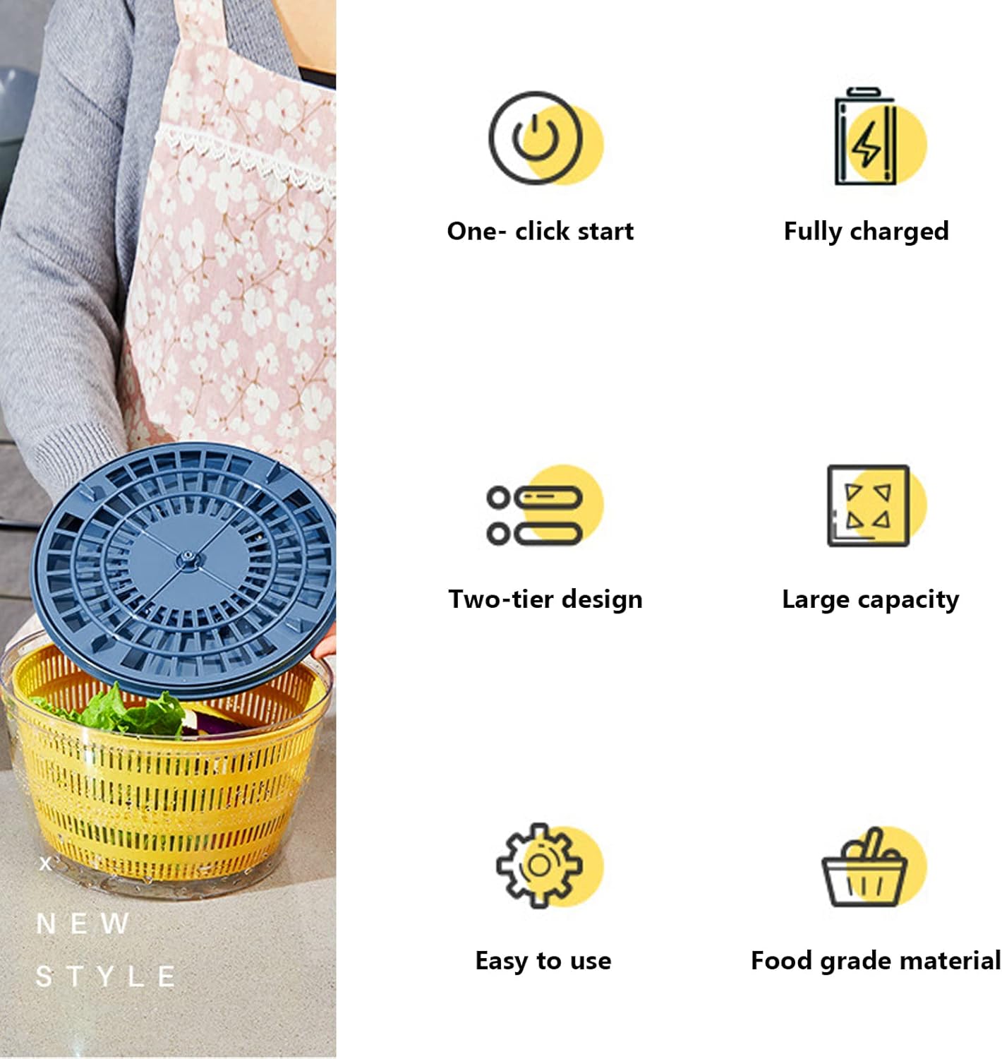 Electric Salad Spinner, 4L Lettuce Spinner Large Capacity USB Chargeble Fruit Vegetable Washer Dryer for Home Kitchen (Blue)