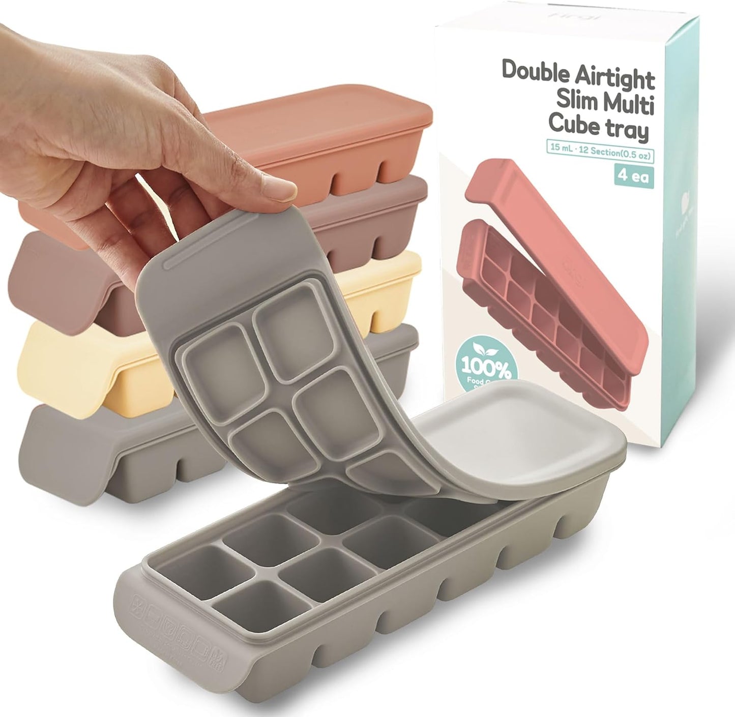 Silicone Freezer Trays with Lid, 0.7oz 12 Section 4 Sets - Leak Proof Silicone Freezer molds for Homemade Baby Food Breastmilk, Purees, Vegetables, Baby Food Jars Ice Tray with Lid BPA Free Mix