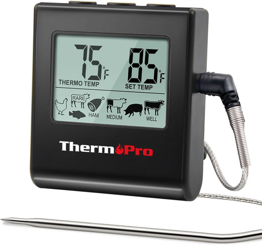ThermoPro TP16 Large LCD Digital Meat Thermometer for Cooking, Smoking, Grilling, BBQ Food Temperature Indicator with Clock Timer and Stainless Steel Probe, Black