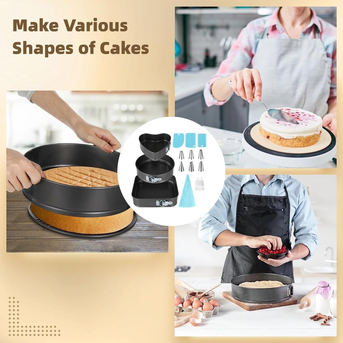 Springform Cake Pans Set, 3 PCS Non-stick Cheesecake Pan with Removable Bottom (8.6/9.4/10.2 Inches), Leakproof Heart Round Square Shapes Cake Pan with Piping Tips, Cake Leveler