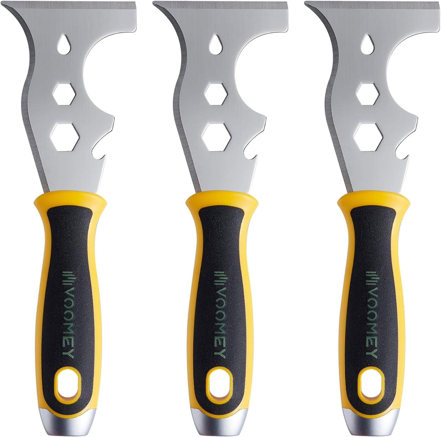 VOOMEY 12-in-1 putty knife, paint scraper tool, stainless steel paint scraper,3 Pack, three color rubber covered handle,metal scraper used for cleaning paint rollers, removing wall cracks,etc