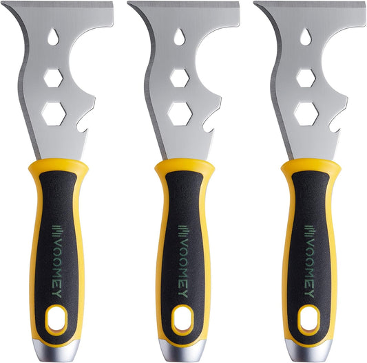 VOOMEY 12-in-1 putty knife, paint scraper tool, stainless steel paint scraper,3 Pack, three color rubber covered handle,metal scraper used for cleaning paint rollers, removing wall cracks,etc