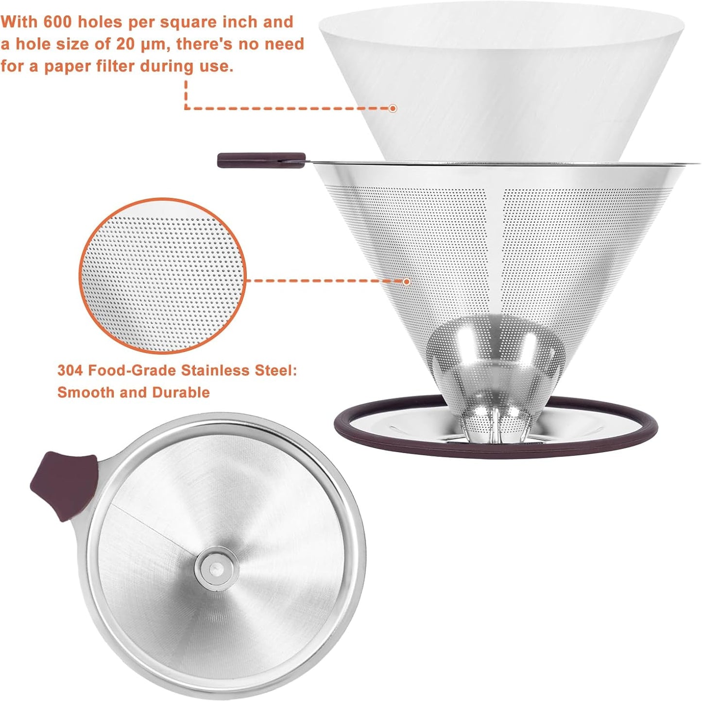Pour Over Coffee Dripper Pour Over Coffee Filter, Cone Stainless Steel Reusable Paperless Double Layer Mesh Cup Metal Fine Mesh Strainer Slow Drip Portable with Stand & Cleaning Brush Camping