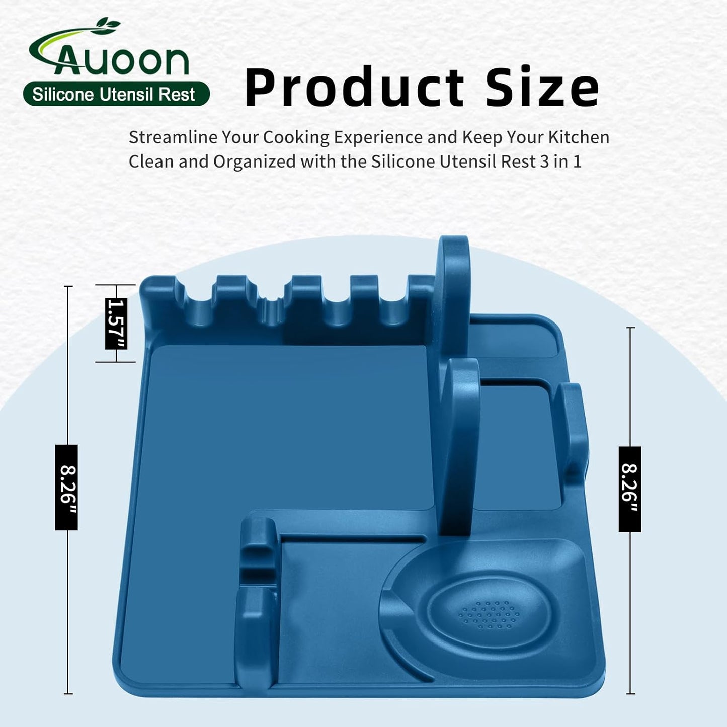AUOON Spoon Rest for Stove Top - Silicone Utensil Rest with Drip Pad for Kitchen Counter | Practical Kitchen Gadgets for Cooking | Dishwasher Safe (Fog Blue, Large)