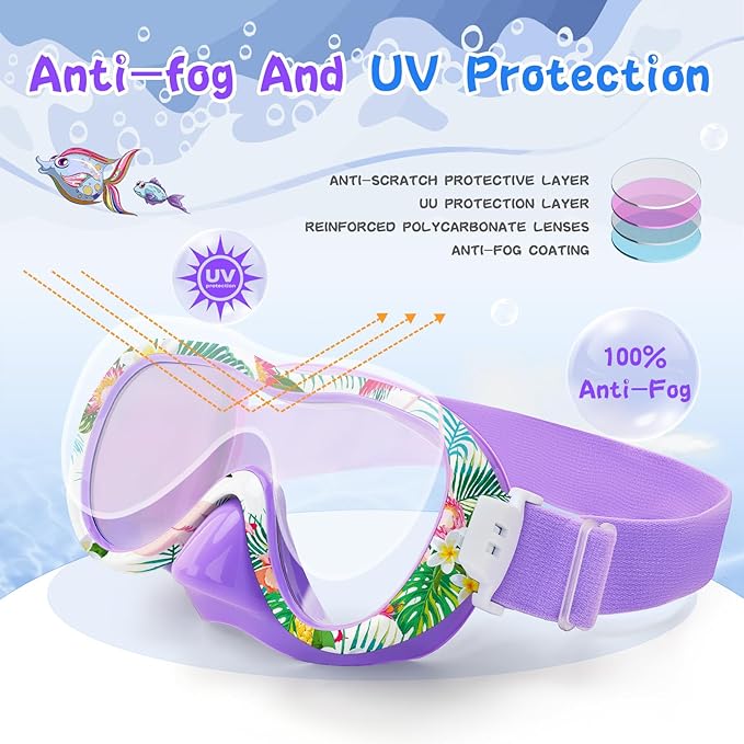 Kids Swim Goggles with Nose Cover, 180° Panoramic Snorkel Mask with Anti-Fog & Anti-Leak Design, Comfort Fabric Strap UV Protection Lens for Boys Girls Ages 3-15