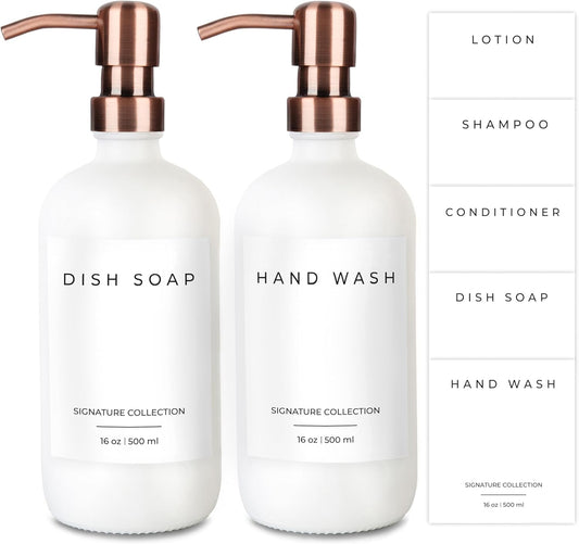 Emerson Essentials Thick Glass Soap Bottle Dispensers, 2 Pack, Non Rust Stainless Steel Pumps Hand Set for Bathroom Kitchen Sink, Shampoo Lotion Liquid Jars, 16 Oz, with 4 Waterproof Labels – White