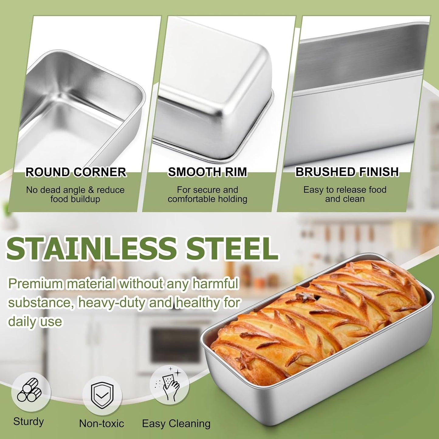 P&P CHEF Loaf Pan Set, 9 x 5 Inch Bread Pans, Stainless Steel Loaf Toast Baking Pans For Bread Meatloaf Lasagna Cake, Healthy & Non Toxic, Oven & Dishwasher Safe, (Silver, 6Pcs)