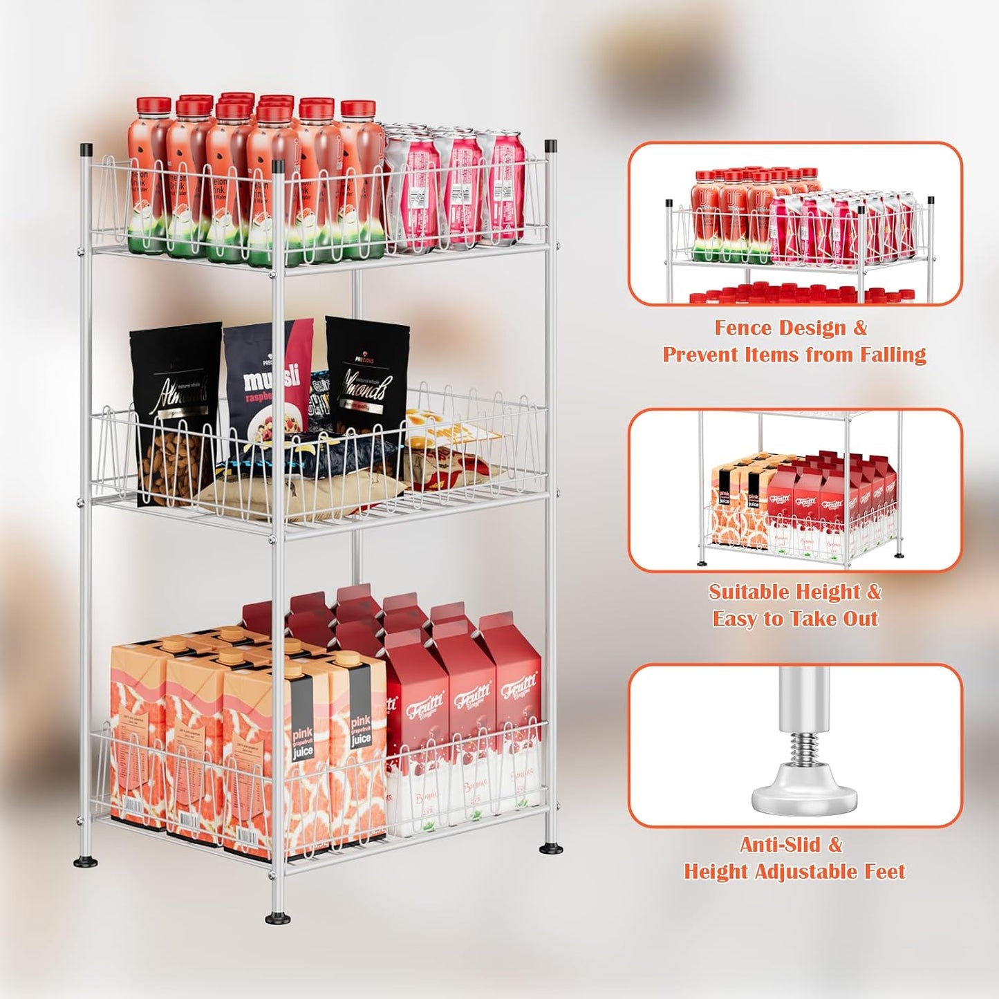 Water Bottle Storage Organizer 3 Tier Freestanding Water Bottle Holder Rack Stand Metal Drink Soda Can Organizer Beverage Shelf for Floor Pantry Kitchen Food Storage, Silver