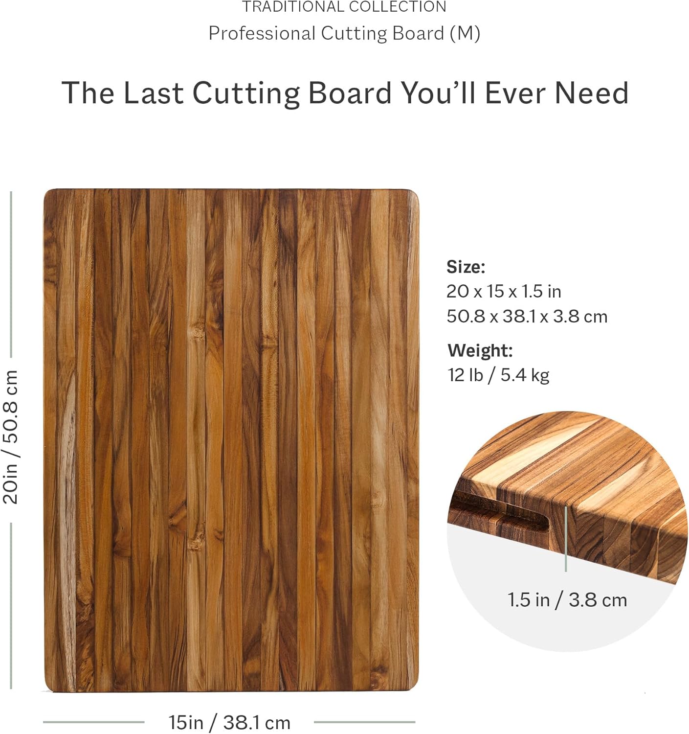 Teakhaus Cutting Board - Large (L) Wood Cutting Board with Grip Handles - Reversible Teak Edge Grain Wood - Knife Friendly - FSC Certified