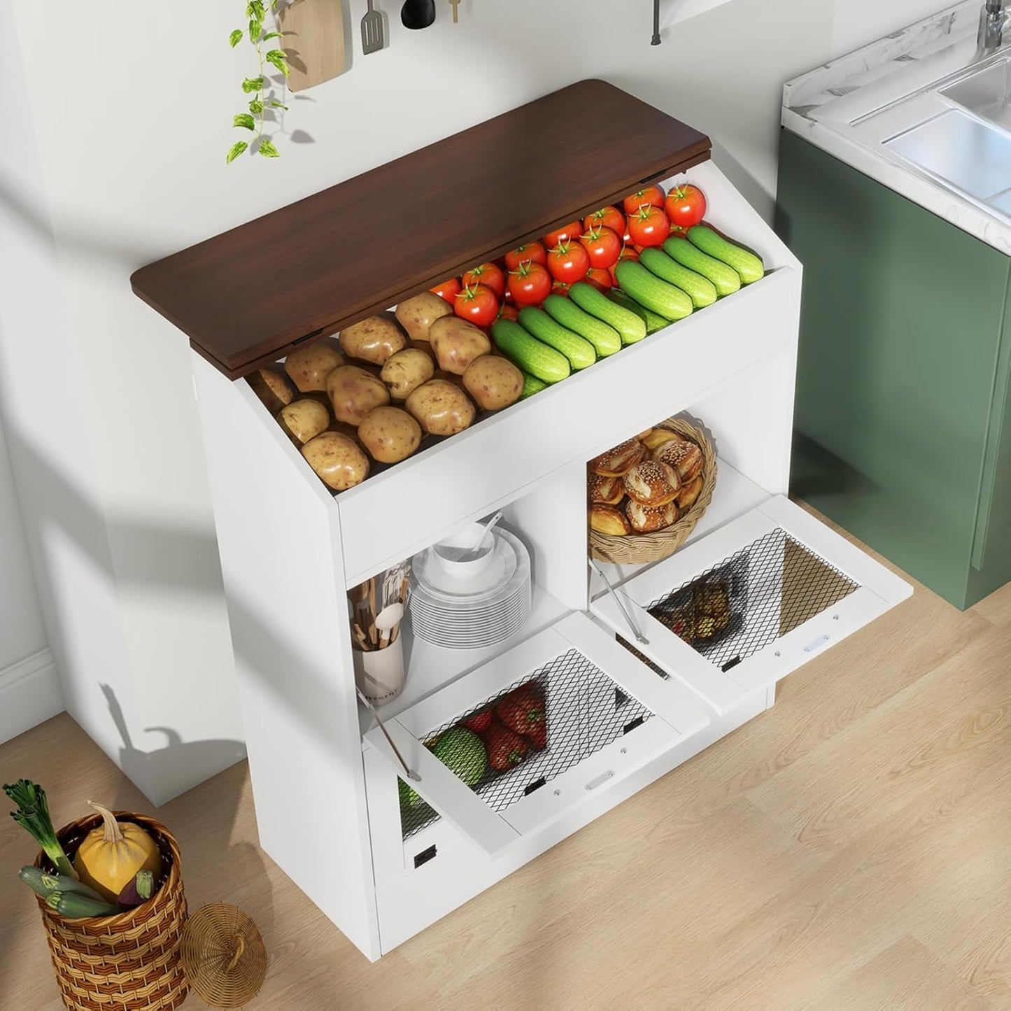 Patiorama Wood Potato and Onion Storage Bin Box, Large Vegetable Storage Box w/Lid,Wooden Bread Storage Bin w/4 Mesh Doors,Movable Bottom Drawer, Farmhouse Potato Storage Bins for Kitchen Pantry White