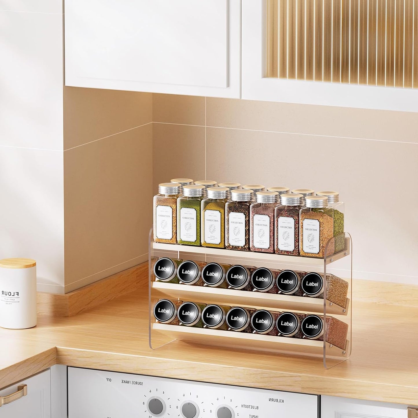 MUDEELA Clear Spice Rack Organizer for Cabinet, 3 Tiered Vertical Spice Shelf, Wooden Seasoning Organizer for Countertop, Kitchen, Pantry, Freestanding, 13.3" W × 11.2" H (No Jars Included)