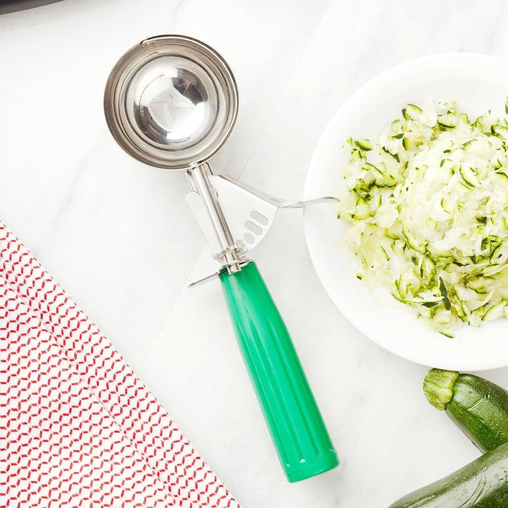 Restaurantware Met Lux 3.25 Ounce Portion Scoop 1 Trigger Release Cookie Scoop - With Green Handle Stainless Steel Disher For Portion Control Scoop Cookie Dough Cupcake Batter Or Ice Cream