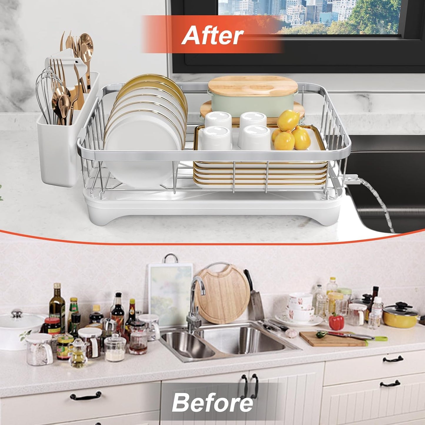 Dish Drying Rack - 304 Stainless Steel Dish Rack with Utensil Holder & Adjustable Spout, Space-Saving Organizer, Large Capacity for Bowls, Dish Drainer with Drainboard, White