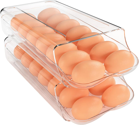 theaoo Egg Holder for Fridge, Automatic Rolling Egg Container for Refrigerator, Clear Plastic Egg Dispenser, Stackable Eggs Organizer with Quick Removable inner Tray For Organizers and Storage, 2Pack