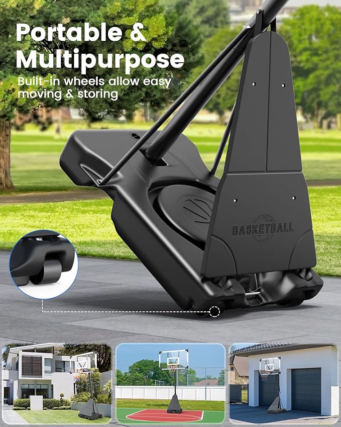 Basketball Hoop Outdoor Portable 44/48 Inch Backboard, 10ft Quickly Adjustable Basketball Goal System with Wheels for Court/Backyard/Driveway